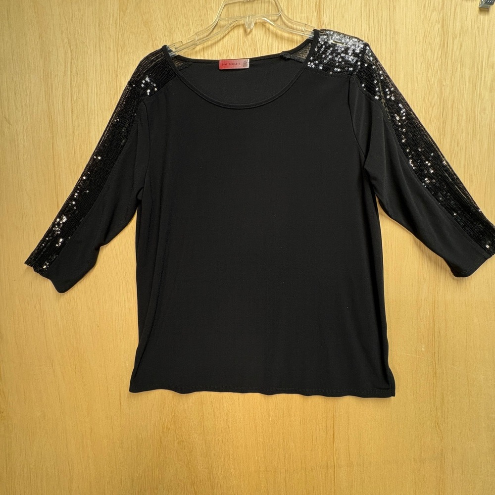 Love Scarlett Black Sequin Shoulder 3/4 Sleeve Blouse Top Large